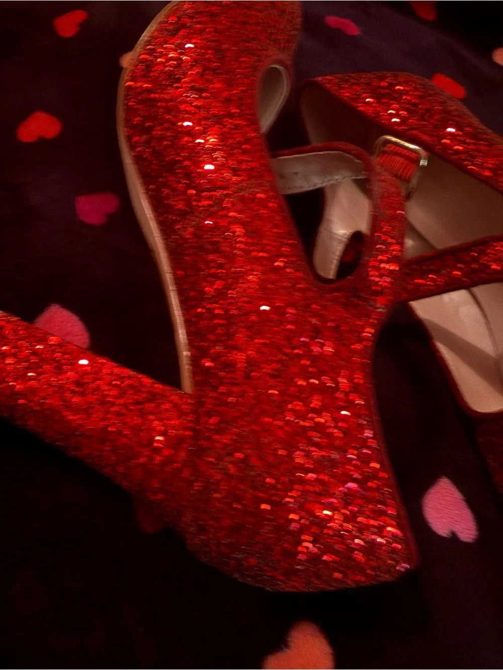 Red Glitter Mary Jane Block Heel Pumps